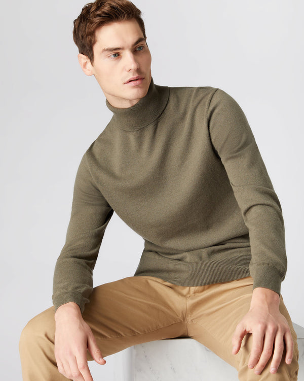 N.Peal Men's The Trafalgar Polo Neck Cashmere Sweater Khaki Green