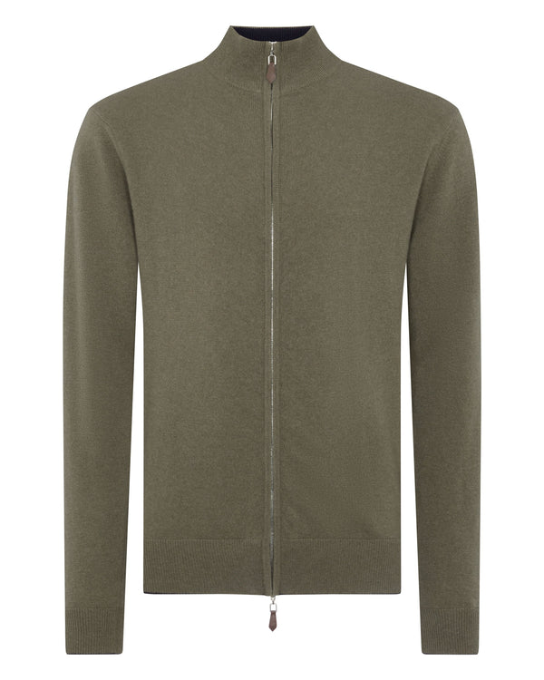 N.Peal Men's The Knightsbridge Zip Cashmere Sweater Khaki Green