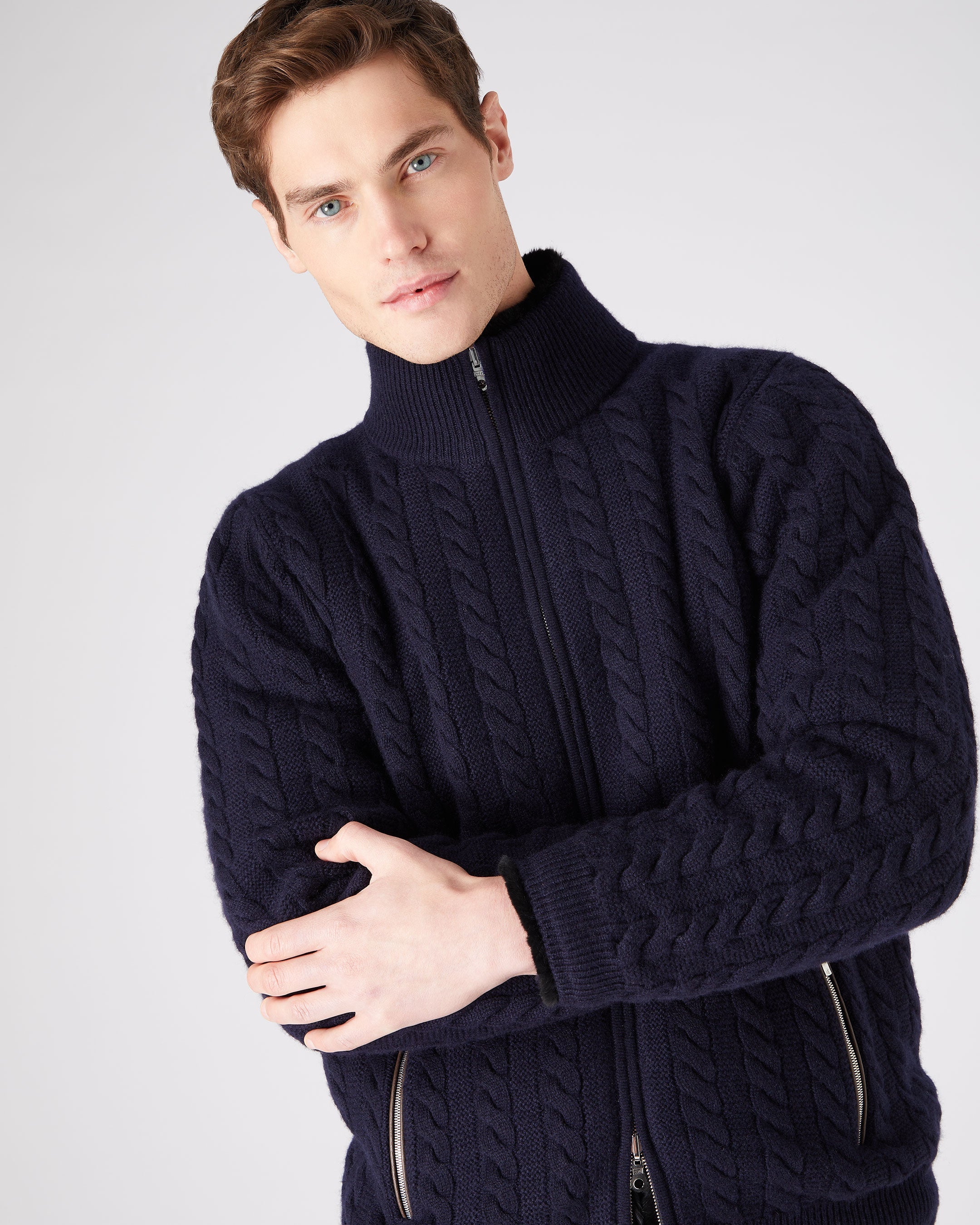 Men's Fur Lined Cable Cardigan Navy Blue | N.Peal