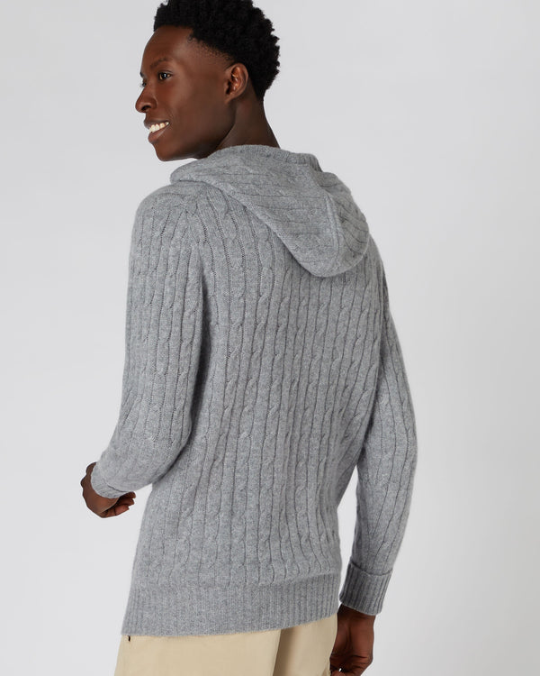 N.Peal Men's Cable Cashmere Hoodie Flannel Grey