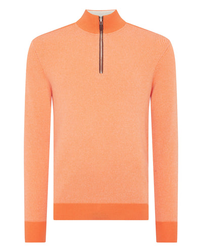 N.Peal Men's Carnaby Half Zip Birdseye Cashmere Sweater Papaya Orange