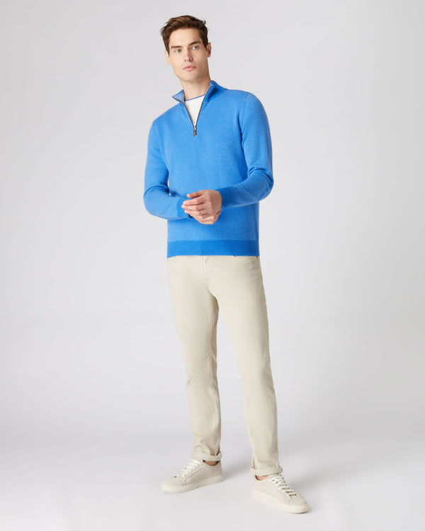 N.Peal Men's Carnaby Half Zip Birdseye Cashmere Sweater Zanzibar Blue