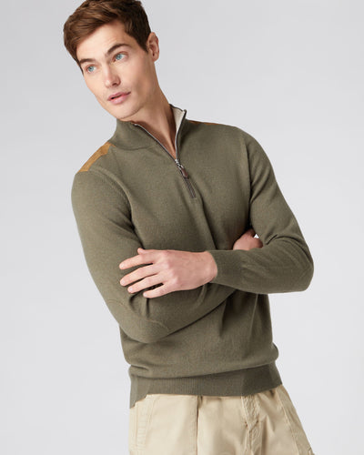 N.Peal Men's Patch Detail Half Zip Cashmere Sweater Khaki Green