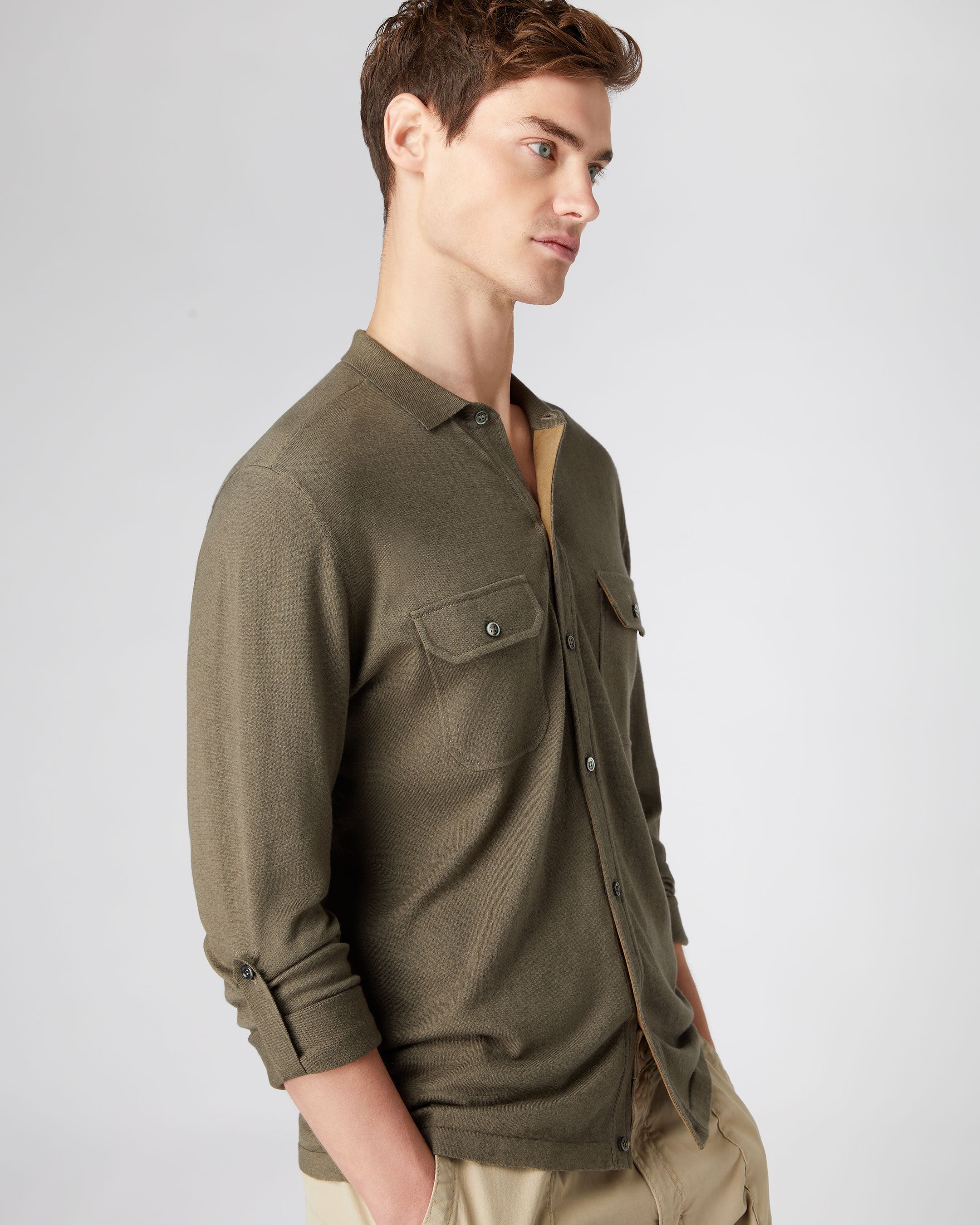 Olive green double pocket hot sale shirt