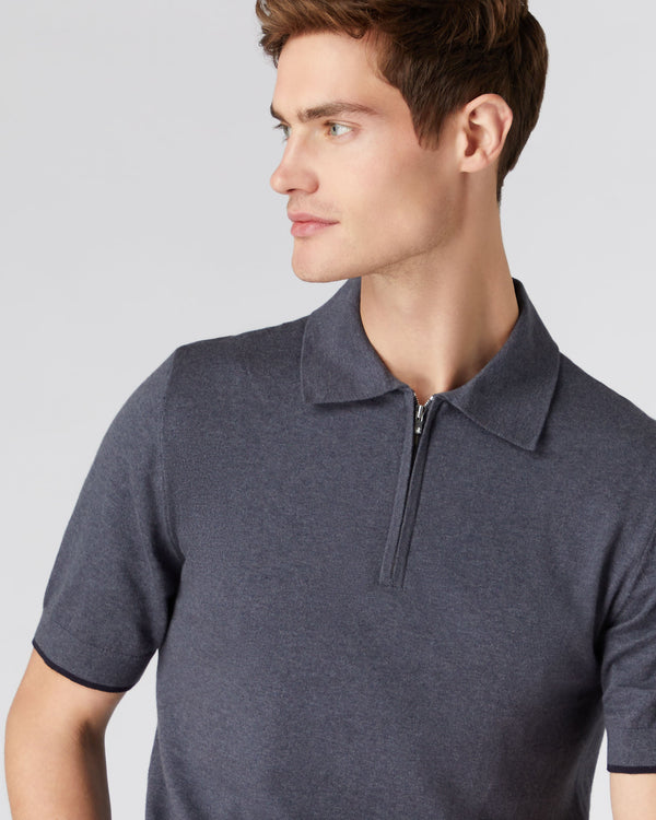 N.Peal Men's Half Zip Cotton Cashmere Polo T Shirt Rhino Grey