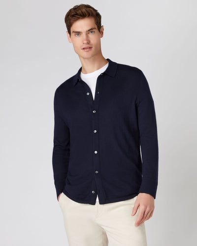 N.Peal Men's Fine Gauge Cashmere Shirt Navy Blue