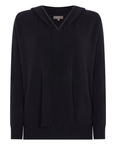 N.Peal Women's Metal Edge Hooded Cashmere Sweater Navy Blue