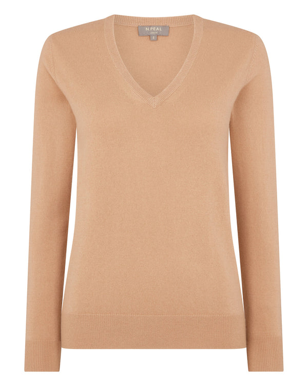 N.Peal Women's V Neck Cashmere Sweater Sahara Brown