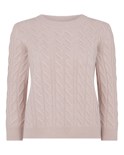 N.Peal Women's Round Neck Cable Cashmere Sweater Canvas Pink