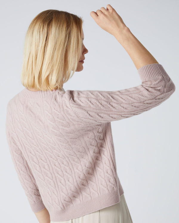 N.Peal Women's Round Neck Cable Cashmere Sweater Canvas Pink