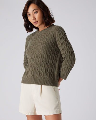 N.Peal Women's Round Neck Cable Cashmere Sweater Khaki Green