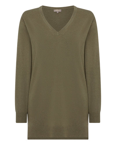 N.Peal Women's V Neck Longline Cashmere Sweater Khaki Green