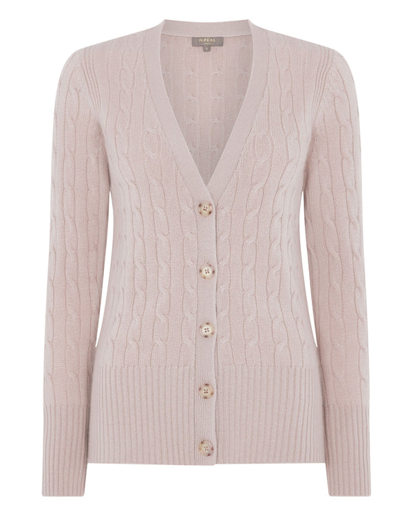 N.Peal Women's Cable V Neck Cashmere Cardigan Canvas Pink