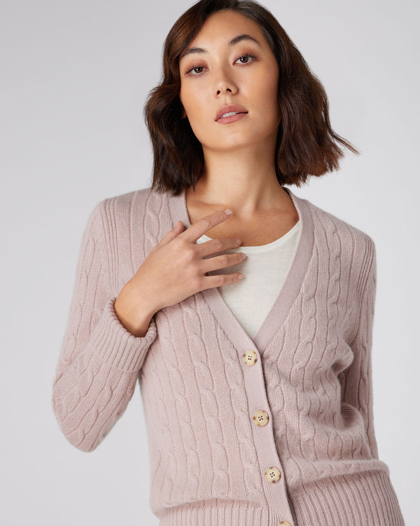 N.Peal Women's Cable V Neck Cashmere Cardigan Canvas Pink