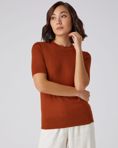 N.Peal Women's Superfine Round Neck Cashmere T Shirt Tawny Orange