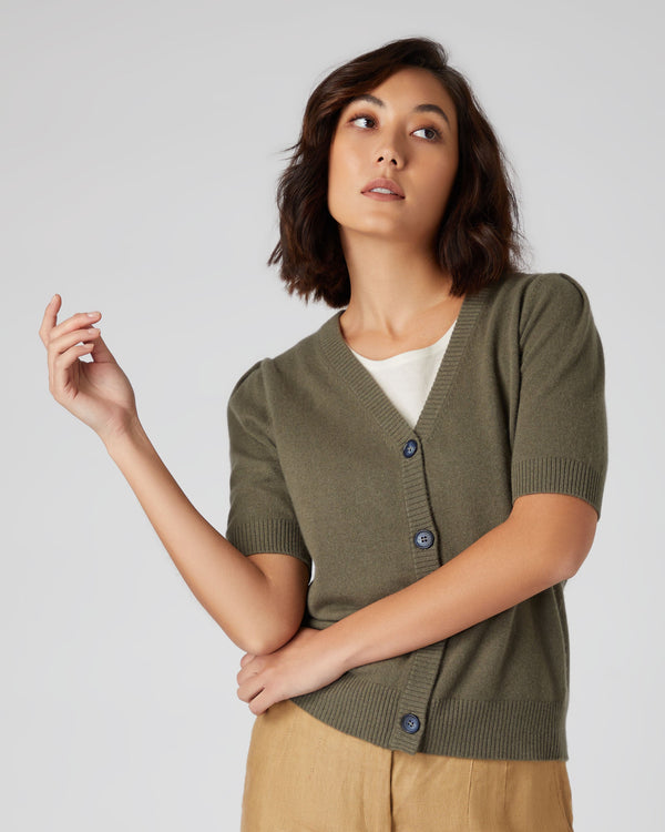 N.Peal Women's Short Sleeve Cashmere Cardigan Khaki Green