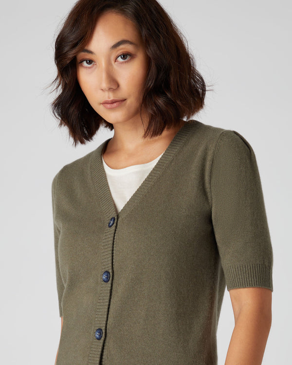 N.Peal Women's Short Sleeve Cashmere Cardigan Khaki Green