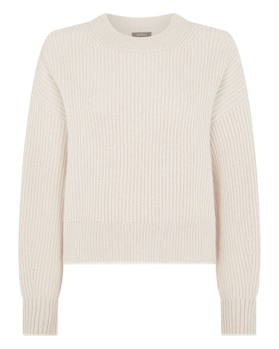 N.Peal Women's Ribbed Round Neck Cashmere Sweater Almond White