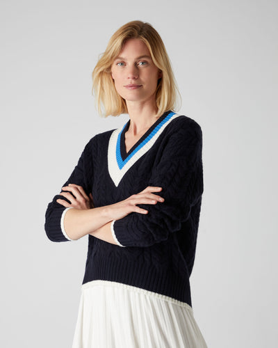 N.Peal Women's Cable Cricket Cashmere Sweater Navy Blue