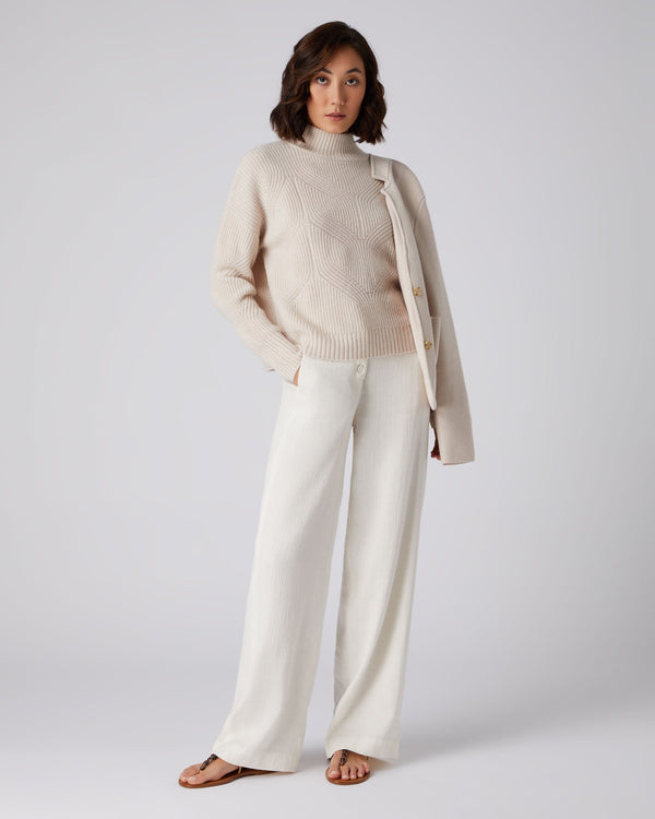 Women's Cable Mock Neck Cashmere Sweater Almond White