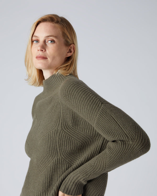 N.Peal Women's Cable Mock Neck Cashmere Sweater Khaki Green