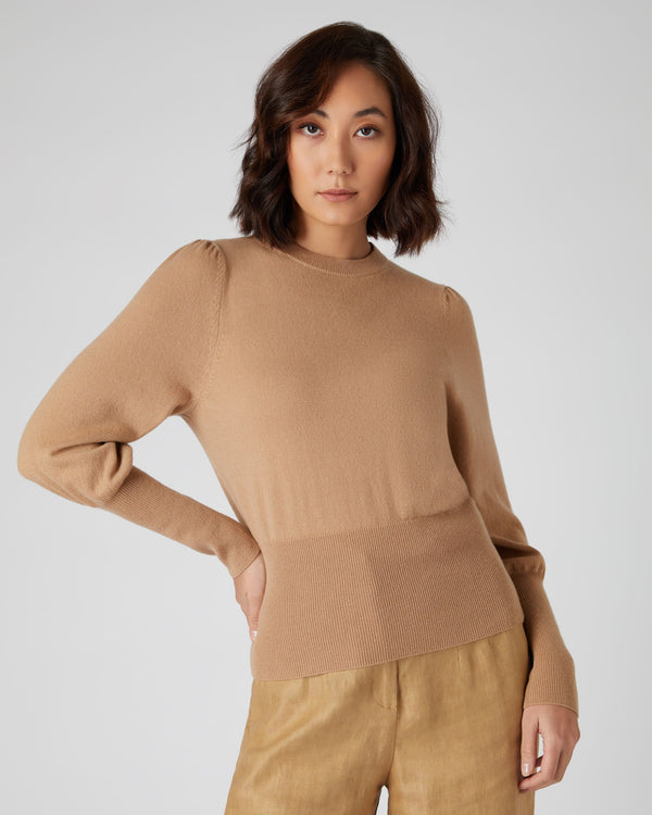 N.Peal Women's Deep Hem Round Neck Cashmere Sweater Sahara Brown