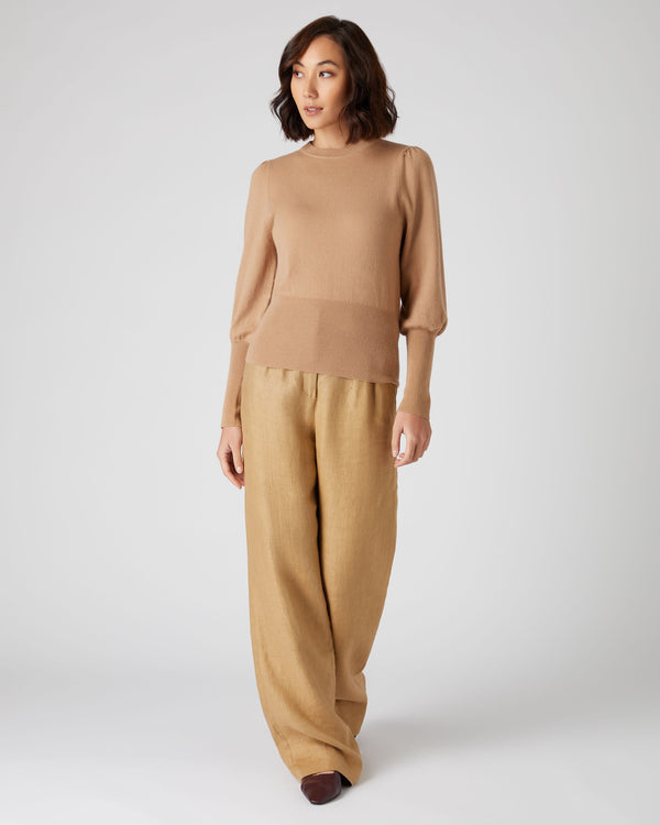N.Peal Women's Deep Hem Round Neck Cashmere Sweater Sahara Brown