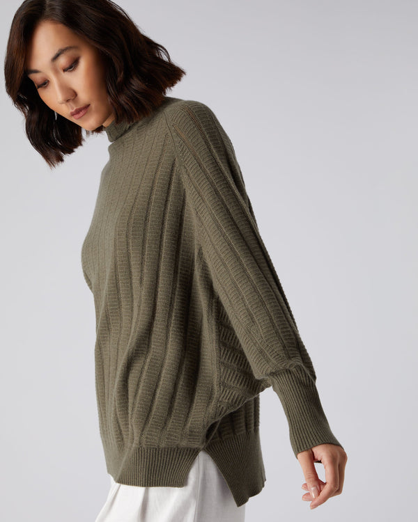 N.Peal Women's Textured Batwing Cashmere Sweater Khaki Green