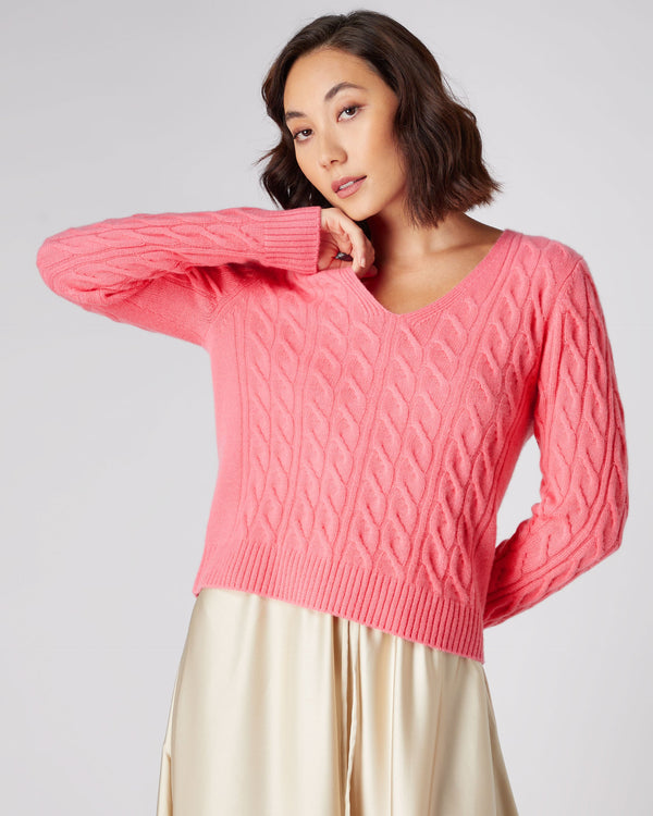 N.Peal Women's V Neck Cable Cashmere Sweater Peony Pink