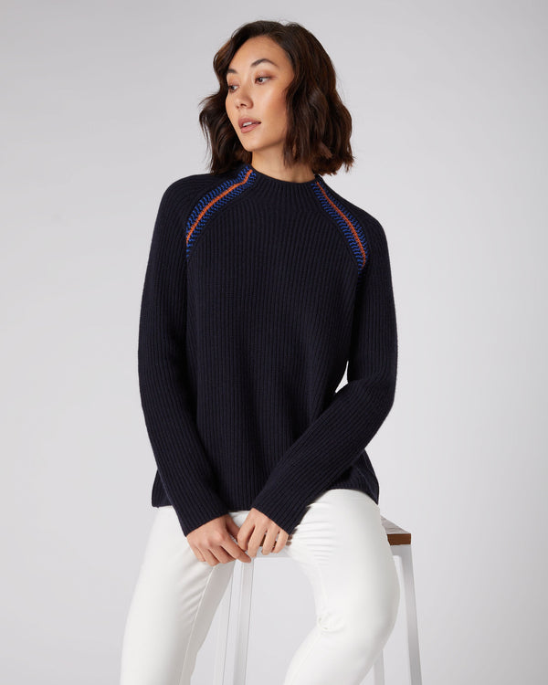 N.Peal Women's Jacquard Detail Rib Cashmere Sweater Navy Blue