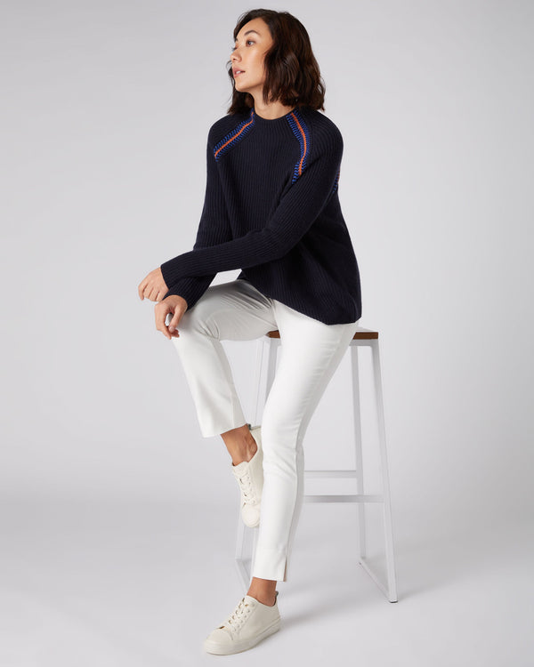 N.Peal Women's Jacquard Detail Rib Cashmere Sweater Navy Blue