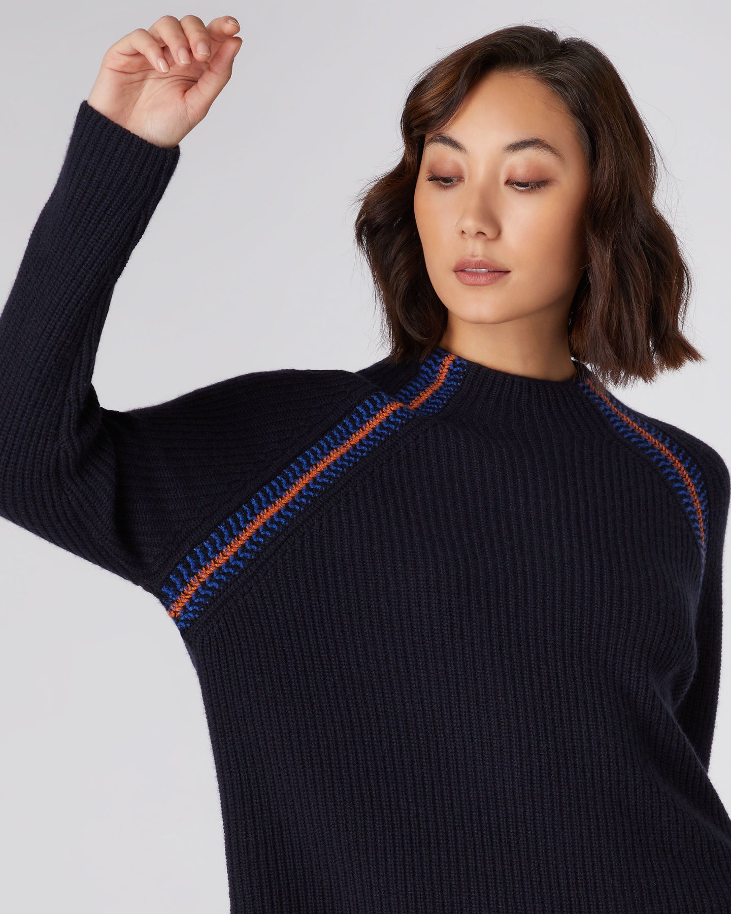 Women's Jacquard Detail Rib Cashmere Sweater Navy Blue | N.Peal