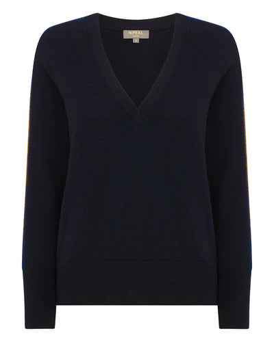 N.Peal Women's Jacquard Detail Classic V Neck Cashmere Sweater Navy Blue
