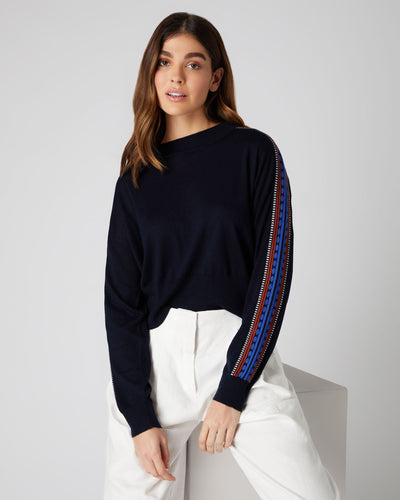 N.Peal Women's Jacquard Insert Sweater Navy Blue