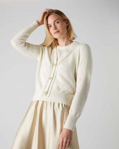 N.Peal Women's Metal Trim Cashmere Cardigan New Ivory White