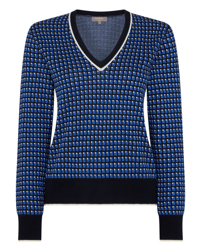 N.Peal Women's Jacquard V Neck Sweater Blue