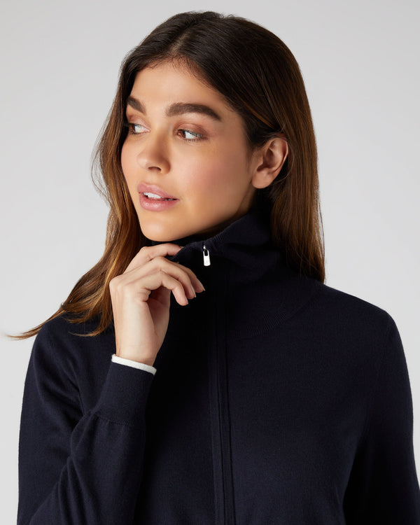 N.Peal Women's Cotton Cashmere Full Zip Sweater Navy Blue
