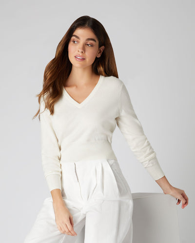 N.Peal Women's Crop V Neck Cashmere Sweater New Ivory White