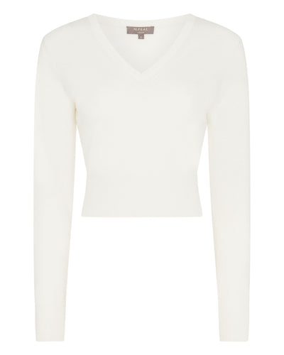 N.Peal Women's Crop V Neck Cashmere Sweater New Ivory White
