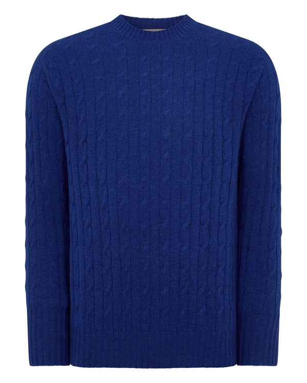 N.Peal Men's Thames Cable Round Neck Cashmere Jumper Sapphire Blue