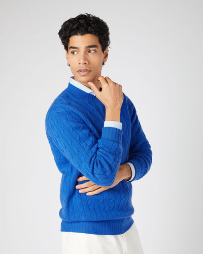 N.Peal Men's Thames Cable Round Neck Cashmere Jumper Sonic Blue