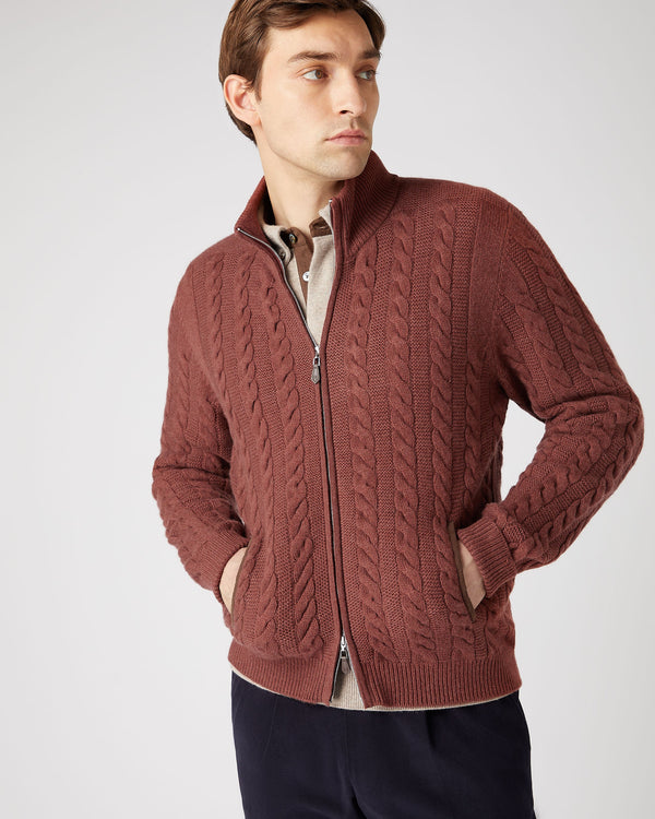 N.Peal Men's Richmond Cable Cashmere Cardigan Terracotta Brown