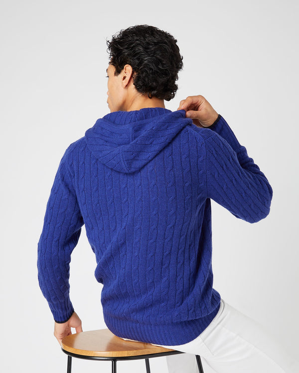 N.Peal Men's Fitzrovia Cable Cashmere Hoodie Sapphire Blue