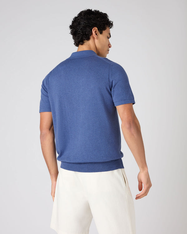 N.Peal Men's Polzeath Cotton Cashmere Polo T-Shirt Denim Blue