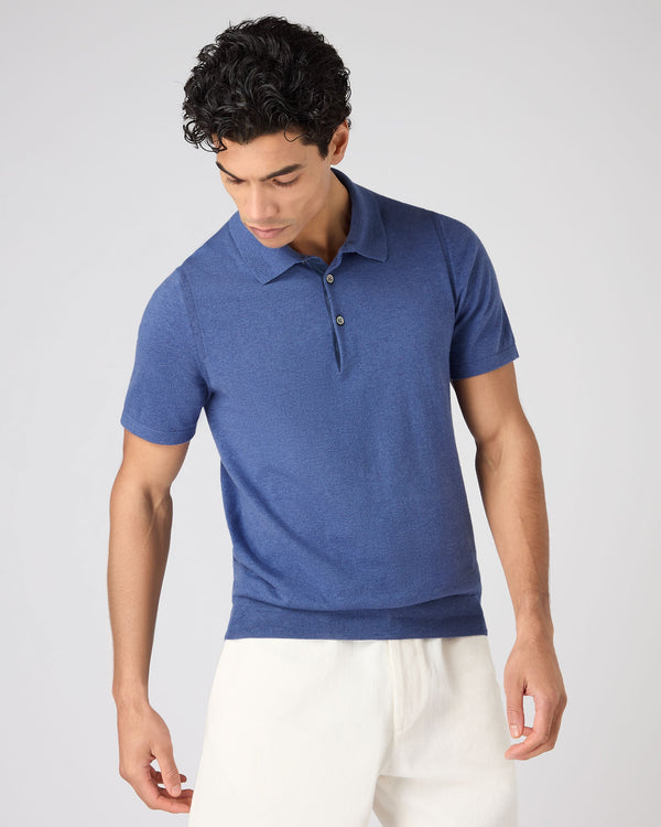 N.Peal Men's Polzeath Cotton Cashmere Polo T-Shirt Denim Blue