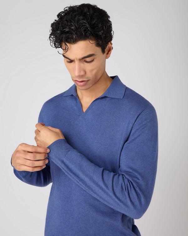 N.Peal Men's Padstow Cotton Cashmere Polo Shirt Denim Blue