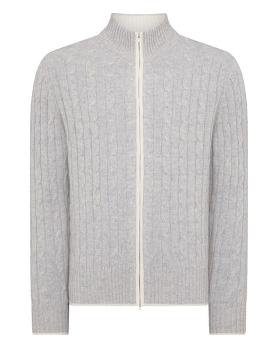 N.Peal Men's Contrast Cable Full Zip Cashmere Jumper Fumo Grey