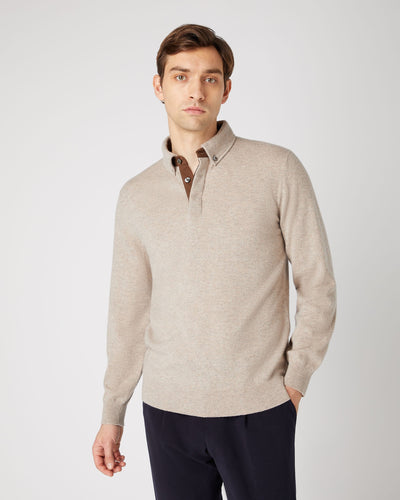 N.Peal Men's Relaxed Polo Cashmere Shirt Oatmeal Brown