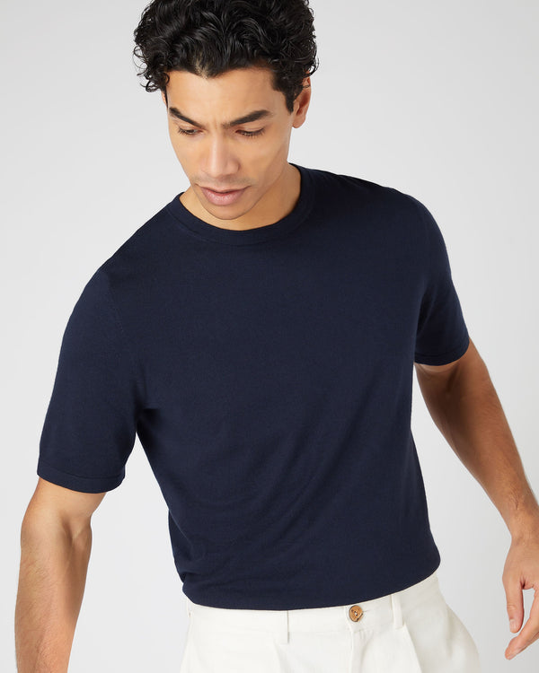 N.Peal Men's Loose Fit Cotton Cashmere T-Shirt Navy Blue