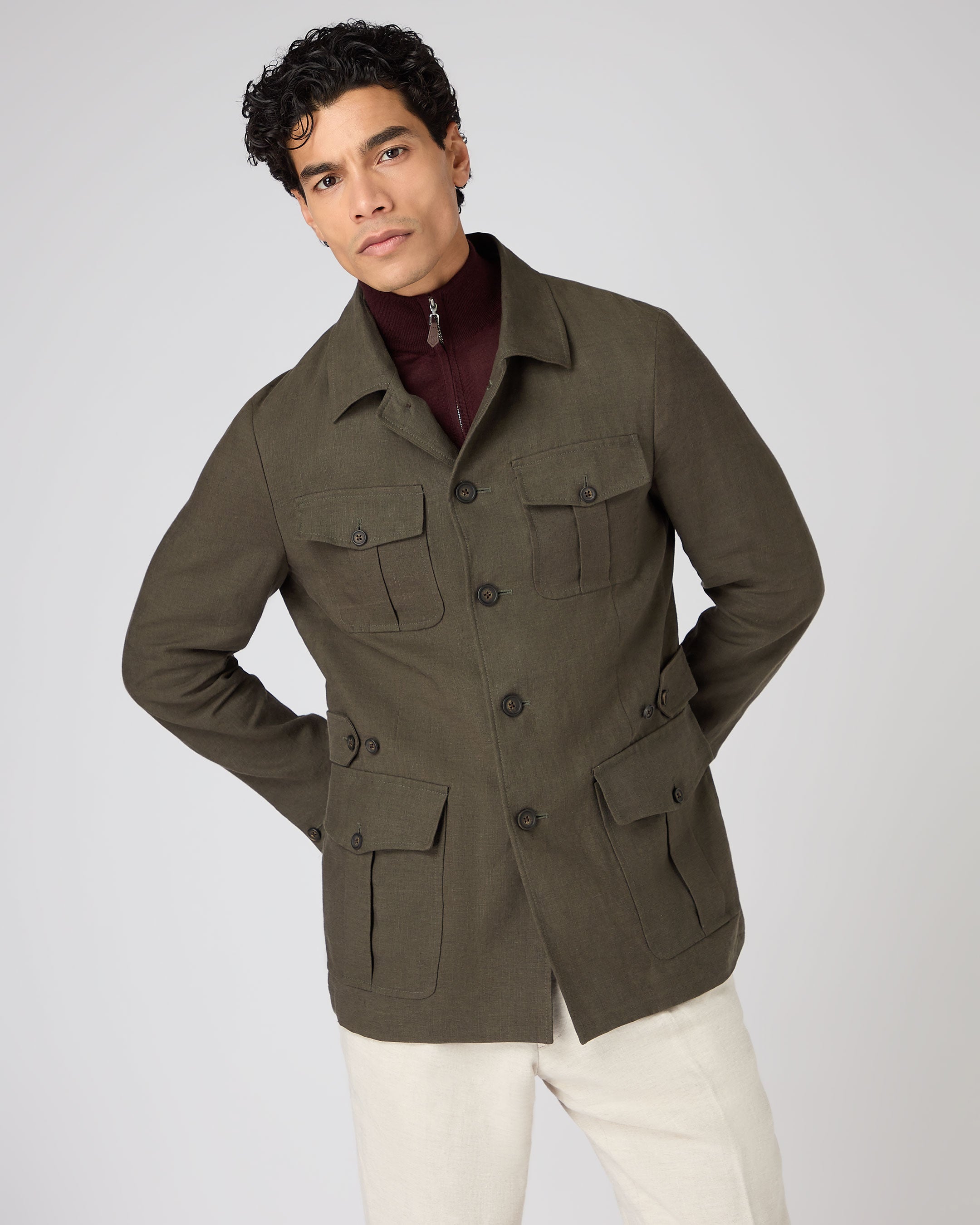 Men's Linen Jacket Khaki Green | N.Peal